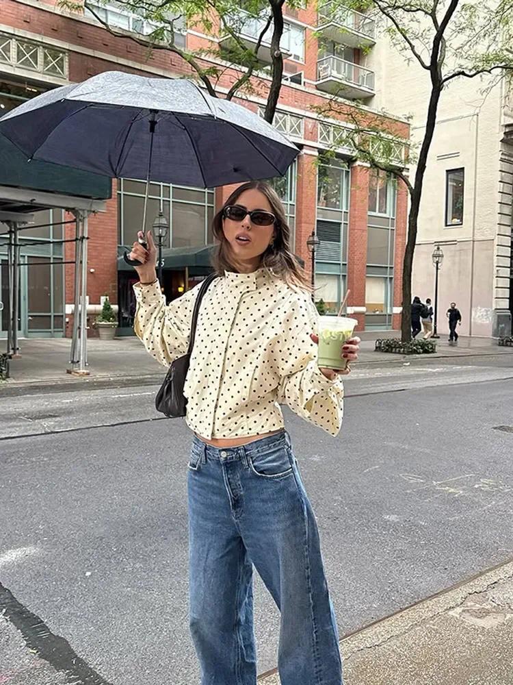 Women's Jackets Polka Dot Print Casual Jacket Slim Fit High Neck Long Sleeve Short Coat Fashion Streetwear Ladies Autumn Windbreaker