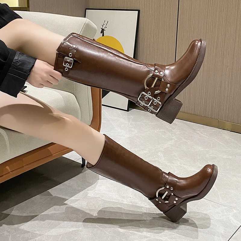 High Quality Brown Long Wen 2025 Autumn Winter Wens Knee-high Classic Metal Pin Buckle Punk Biker Boots Y250812