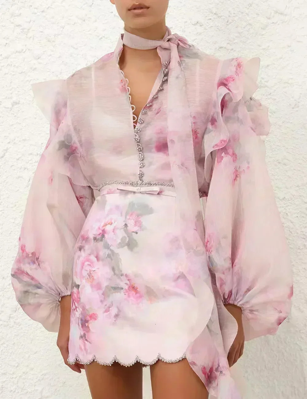 Pink Romantic Women Oufit Series High Quality Floral Print Ruffles Bow Diamonds Lantern Sleeve Blouse and Mini Skirt Set 250801