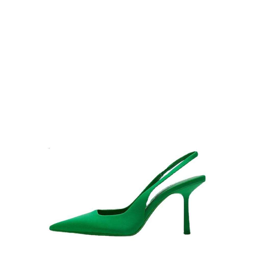 2025 New Green Fabric Open Back High Heels French Designer Pointed Designer shoe Toe Stiletto Sandals for Women