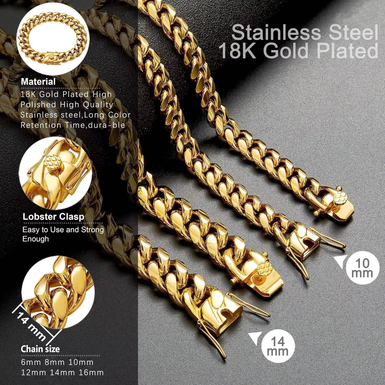 PVD Chunky Hip Hop Jewelry 18K Gold Plated Silver 316L Stainless Steel Miami Cuban Link Curb Chain Bracelet Necklace for Men