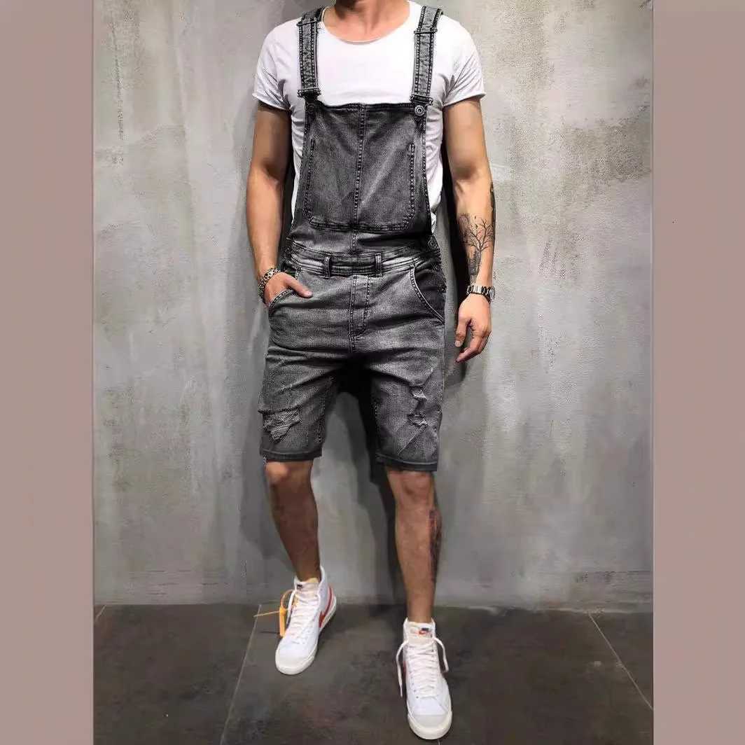 One Piece Jumpsuits Denim Men Jeans Overalls High Street Pockets Cargo Straight Pants Solid Washing Distressed Spliced X250812
