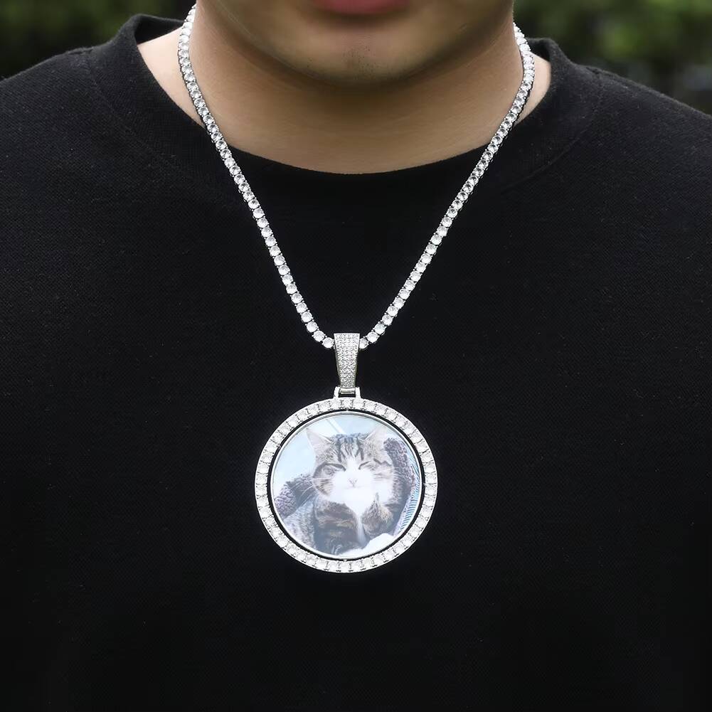 Custom Big Size Double Side Round Disc Photo Picture Frame Rotatable Memory Pendant Necklace for Women Men Anniversary Gift