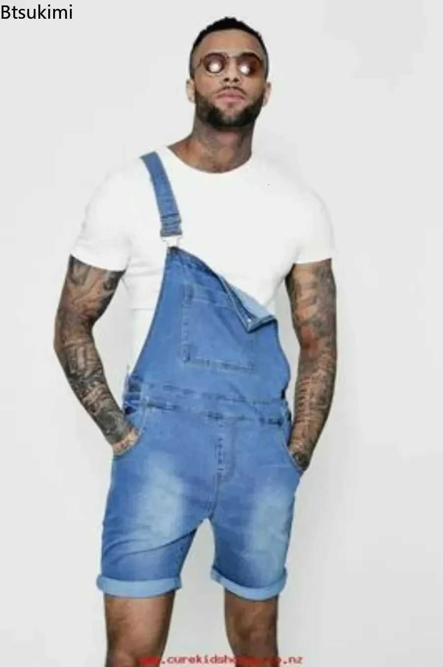 2025 Mens Fashion Multi-Pocket Baggy Jeans Jumpsuit Solid Streetwear Suspender Shorts Rompers Denim Overalls for Men Outfits X250812