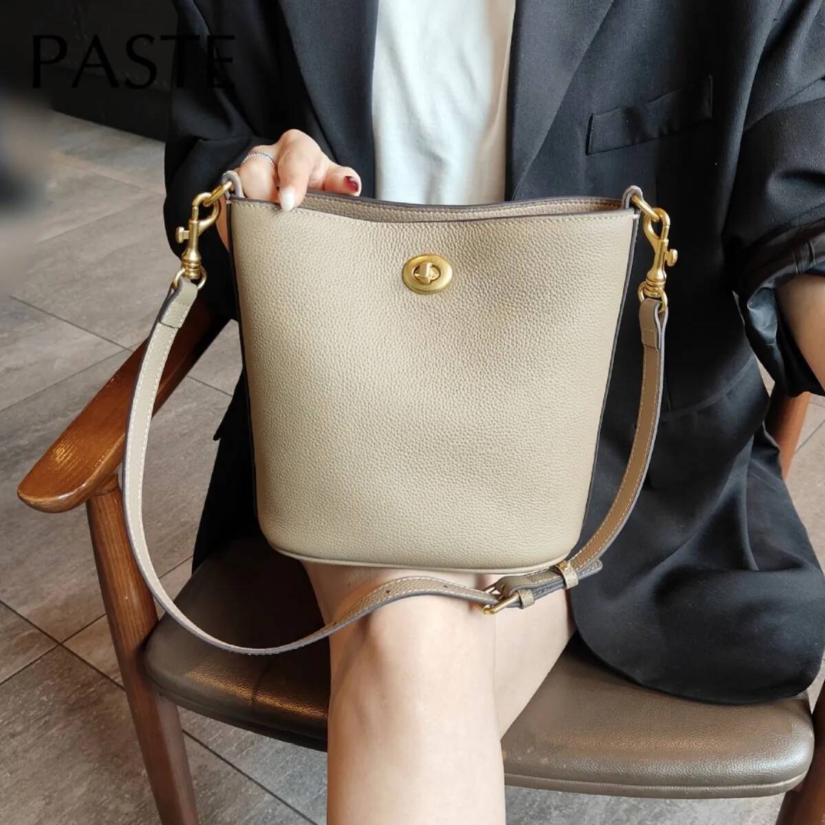 Fashion Brand Designer Lock Bucket Tote Small Real Cow Leather Women Crossbody Shoulder Bag Pink Blue Summer Daily Handbag high-quality