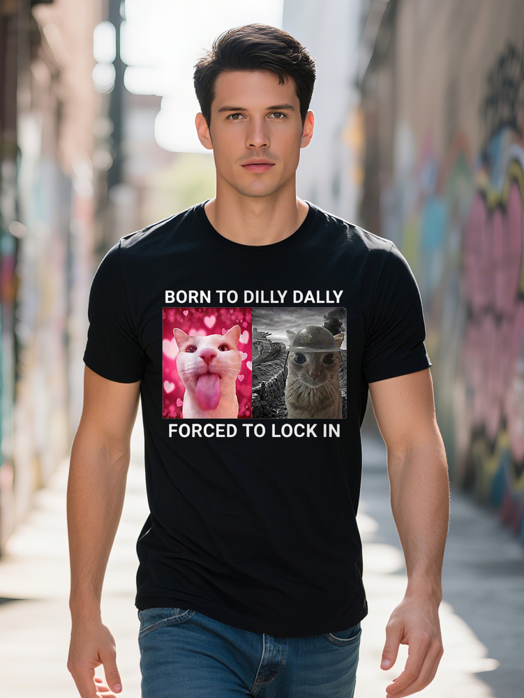 Men's Humorous Graphic T-Shirt Born Dilly Dally Forced to Lock In Print Light Gray Summer Tee Regular Fit Round