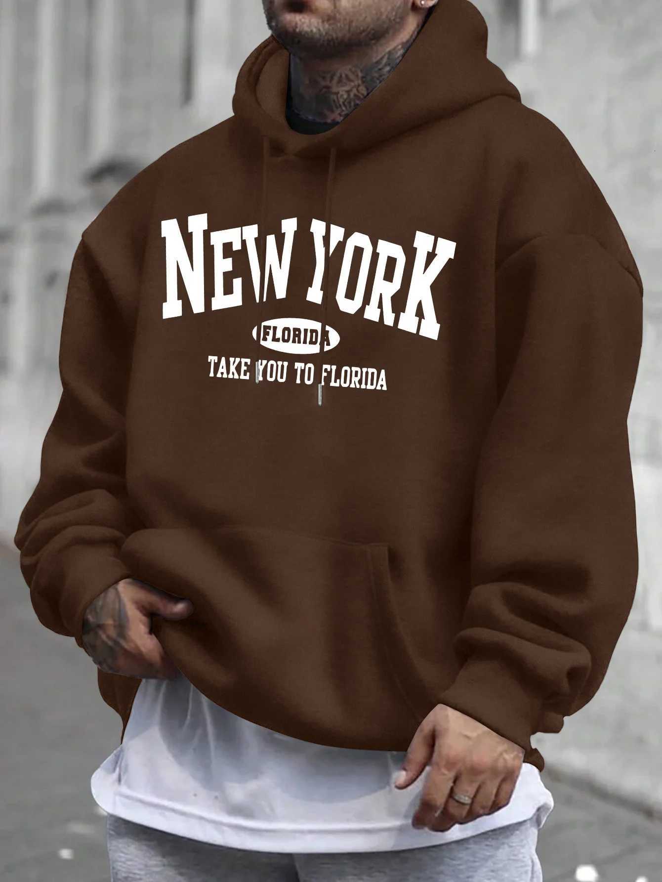 Mens Casual Hoodie with New York Florida Graphic Print Geometric Design Front Pocket Machine for Spring Fall Casual Attire Y250811