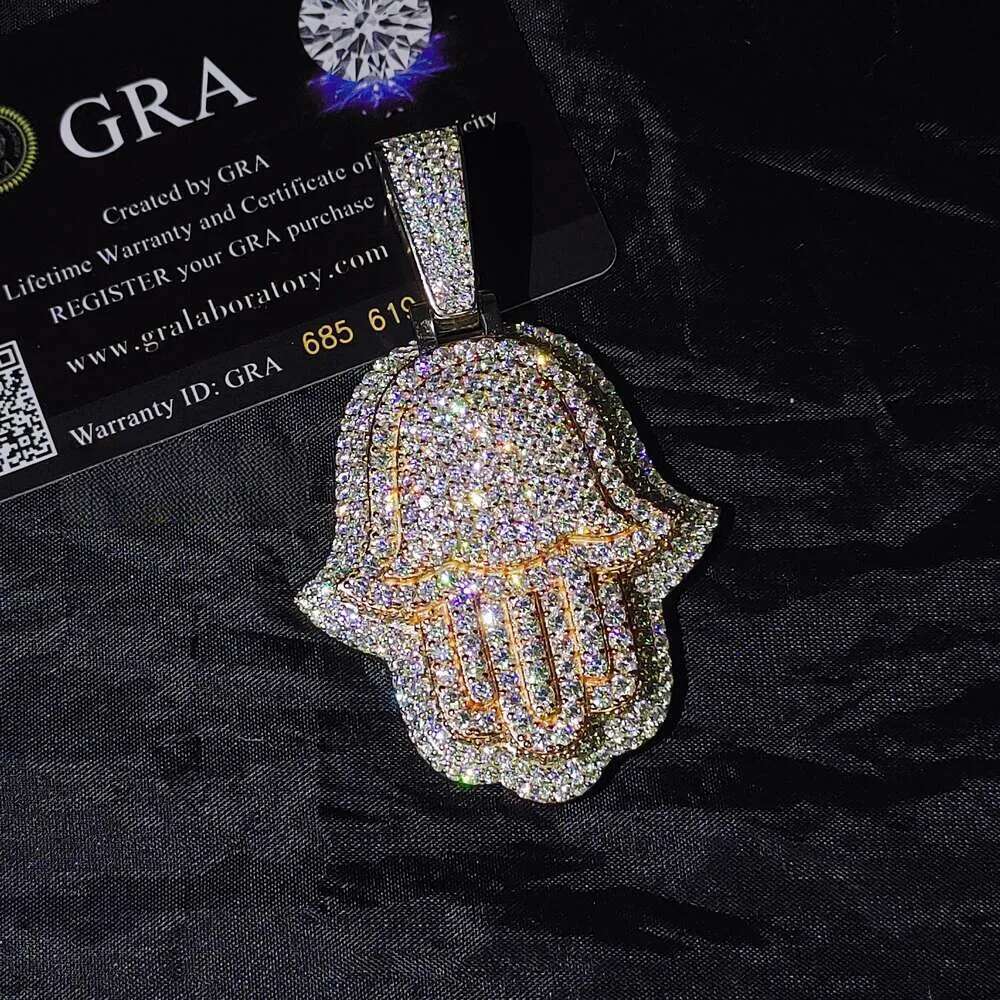 Pass Dia Tester Iced Out 3inch Rose and White Gold Plated Hand Pendant Sterling Sier Vvs Moissanite Hamsa Pendants