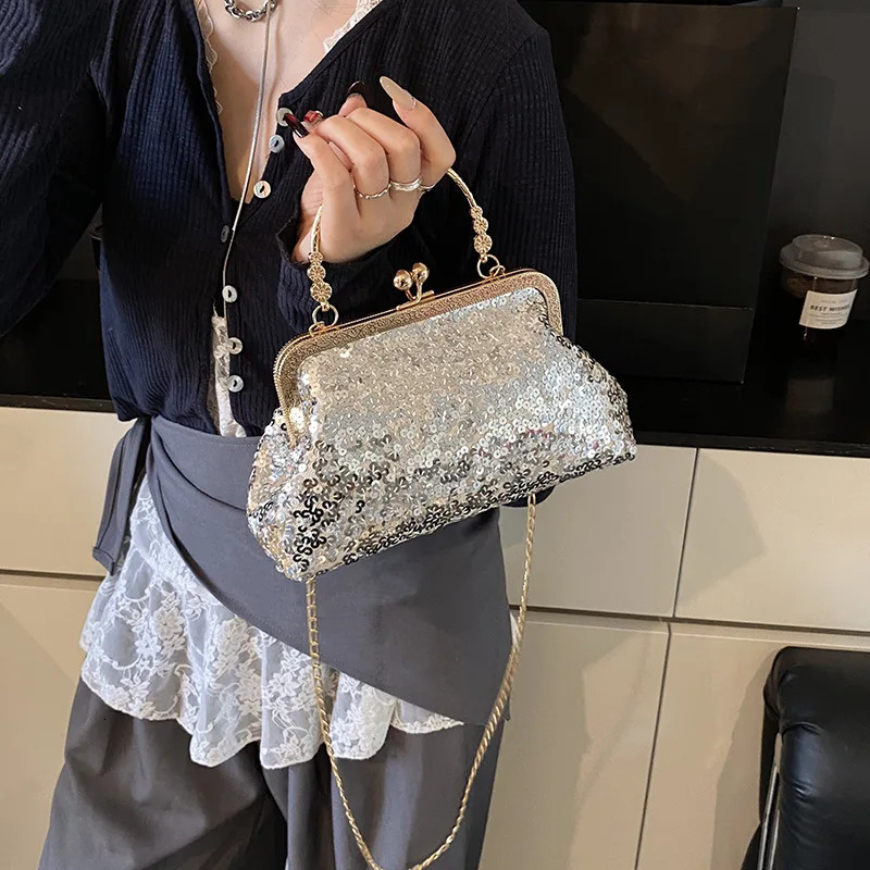 Trendy Shining Gold Silver Pink Sequin Ladies Dinner Evening Bags Metal Chain Shoulder Bag Crossbody For Women Prom Party Clutch 250809