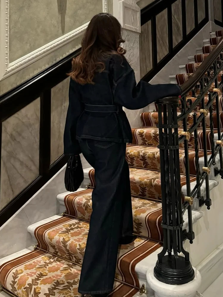 Retro Belt Denim Pants Set Women Lapel Pockets Long Sleeved Jacket Zipper Straight Leg Jeans 2025 Spring High Street Female Sets 250808