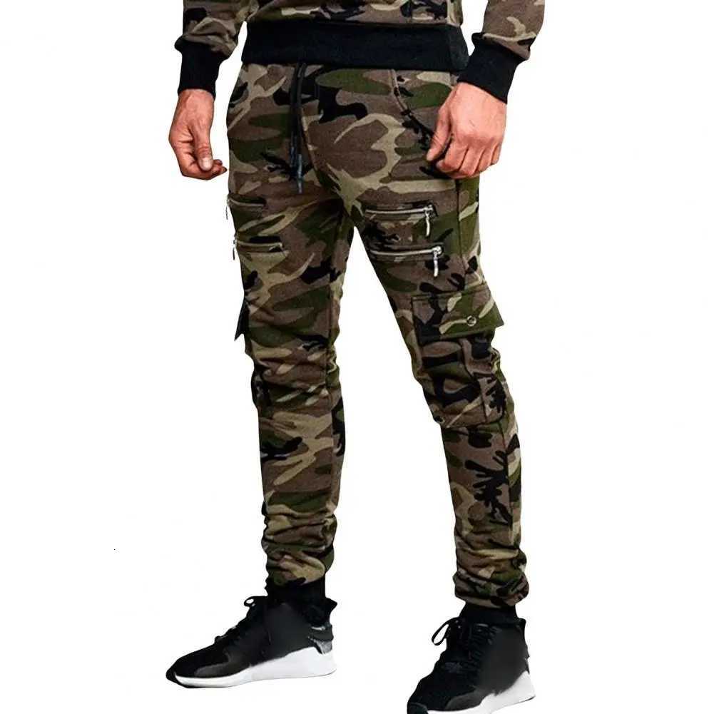 Summer Men Cargo Pants Camouflage Print Multi Zippered Pockets Drawstring Elastic Waist Ankle-banded Slim Outdoor Pants X250812