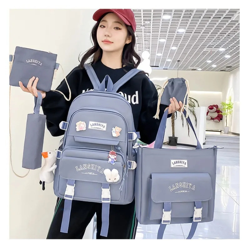 5piece Set of Free Pendants Forest Style Korean Version Casual Harajuku Student Backpack for High School Girls Large Capacity 250811