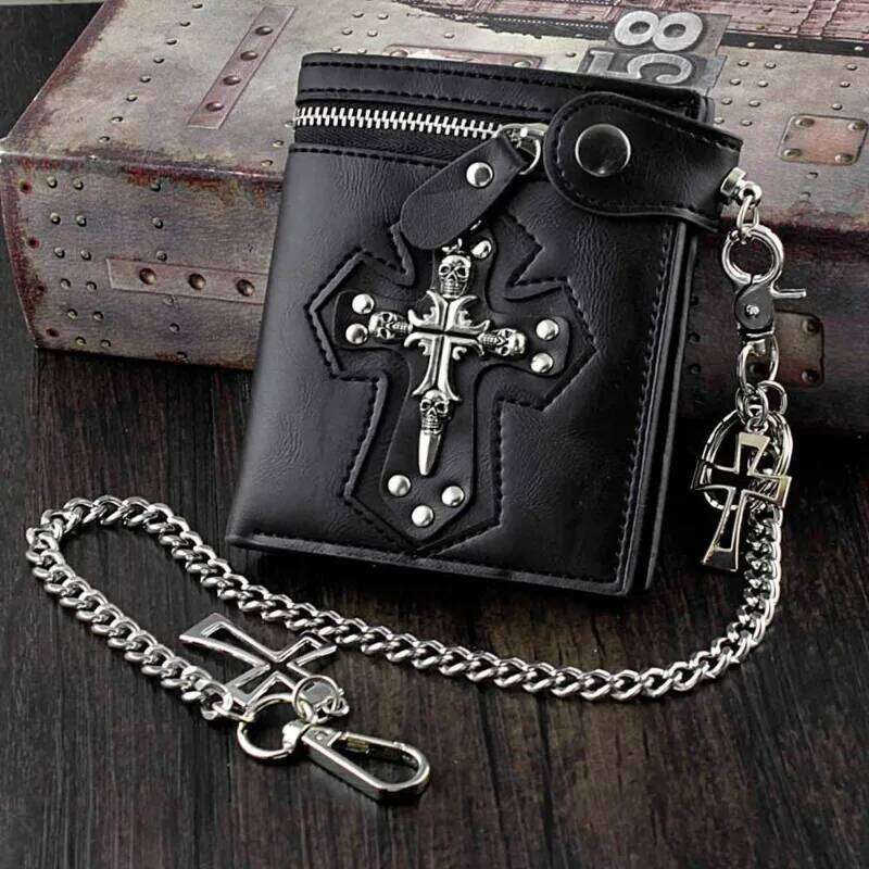1pcs Gothic Leather Wallet with Vintage Chain & Rivets Skull Cross Design Coin Purse Punk Rock Accessories