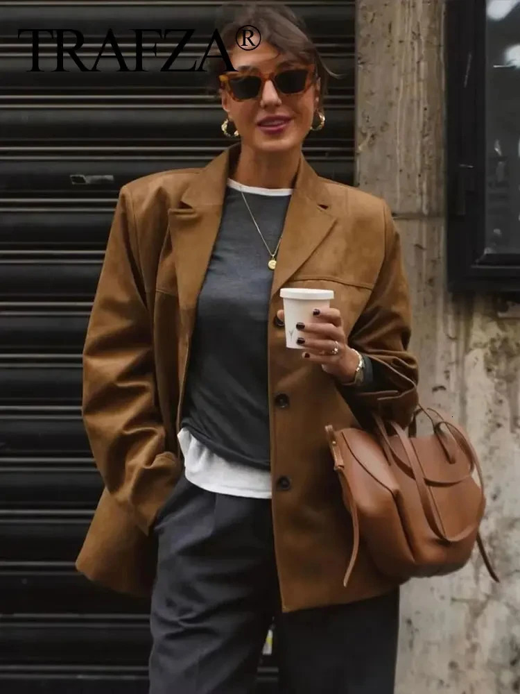 TRAFZA Autumn Women Vintage Faux Suede Blazer Coat Fashion Lapel Single Breasted Long Sleeve Jacket Casual Office Lady Outerwear 250811