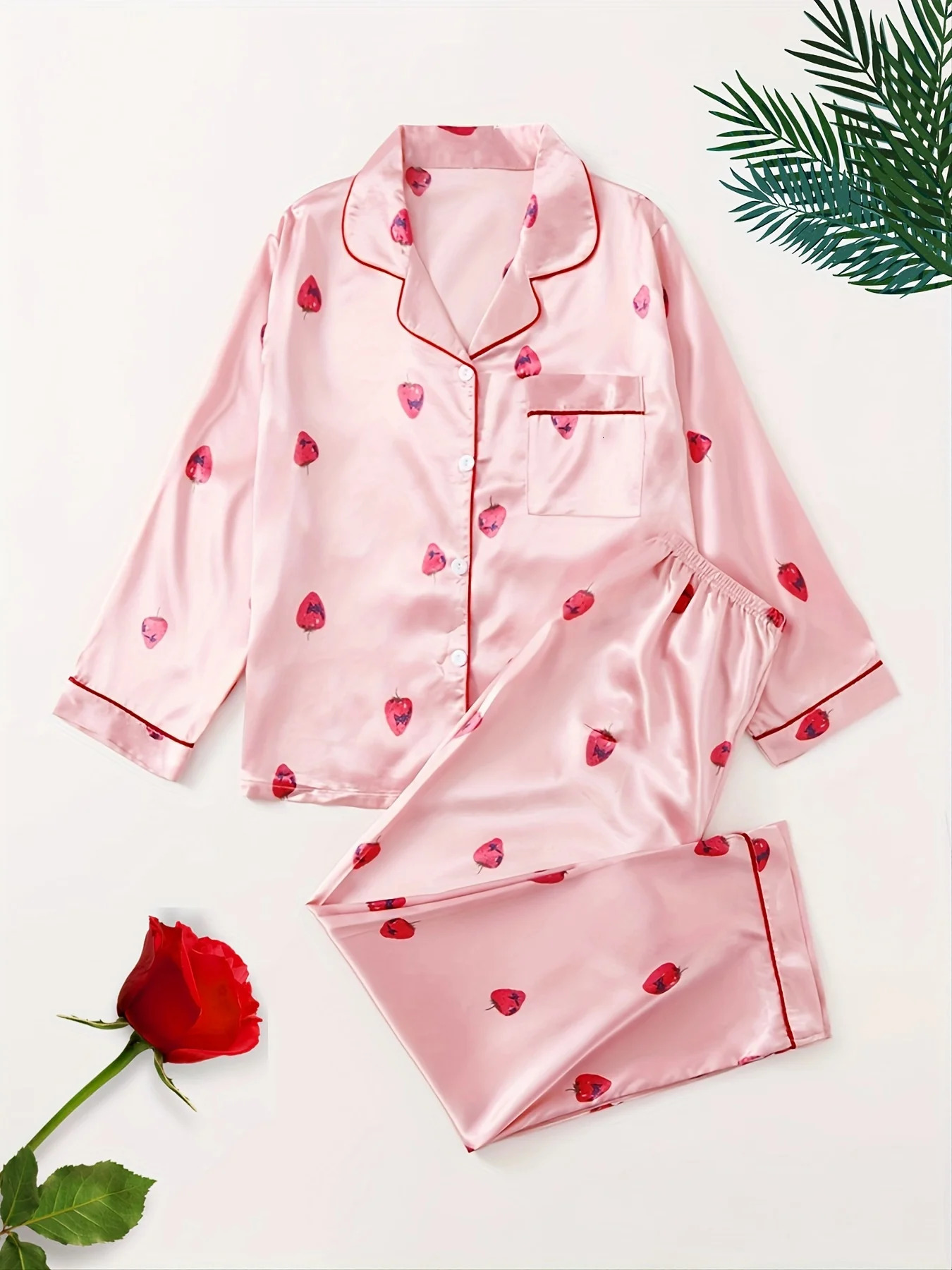Strawberry Pattern Satin Long Sleeve Tops Pants Pajama Set For Valentines Gifts 250811