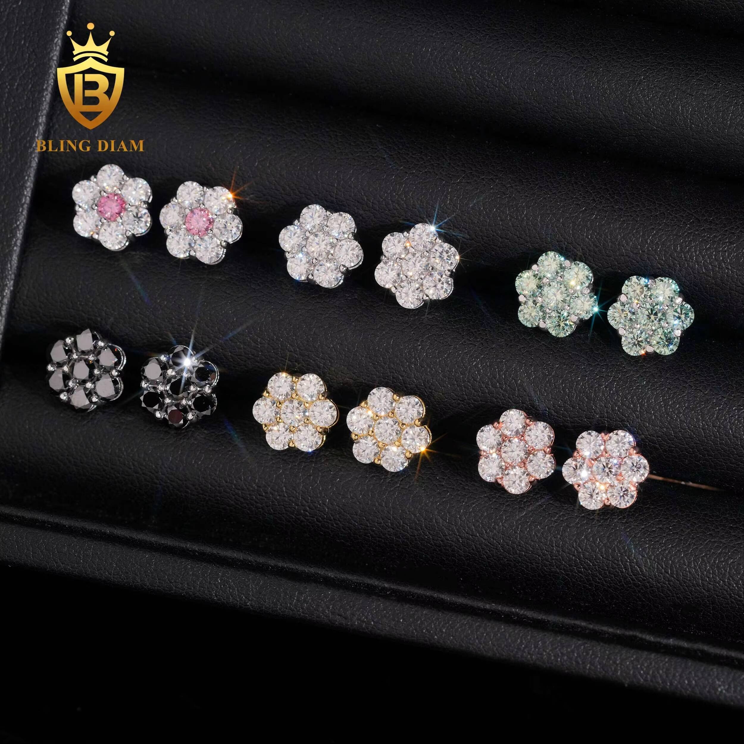Hip Hop Fine Jewelry Sterling Silver 925 VVS Moissanite Diamond Stud Earrings Iced Out Flower Earrings