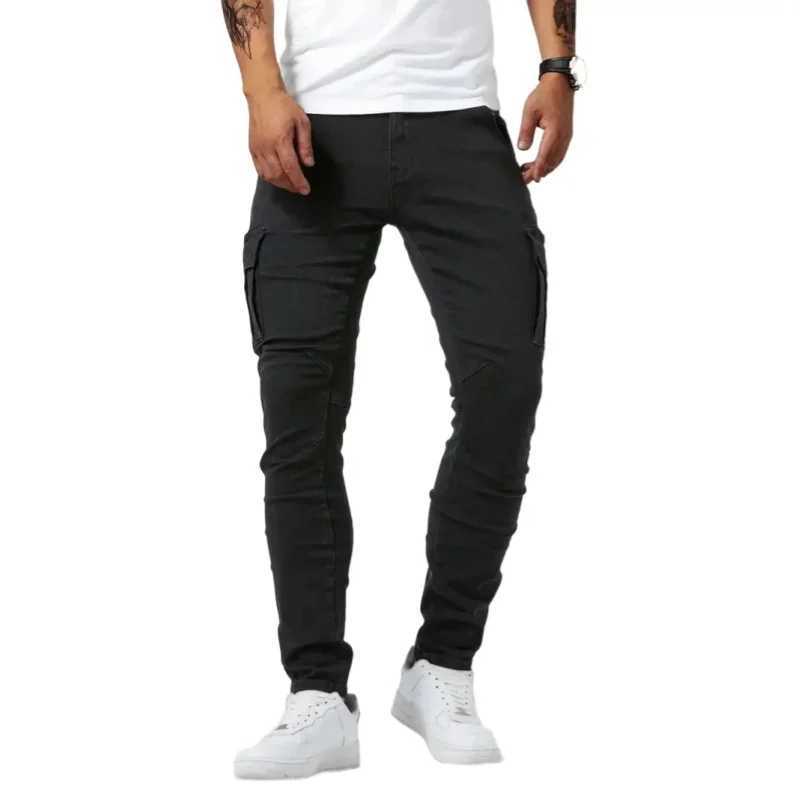 Men Elastic Skinny Jeans Solid Denim Pants Slim Fit Casual Jeans Multi Pocket Cargo Pants Fashion Casual Trousers Men Clothing X250812