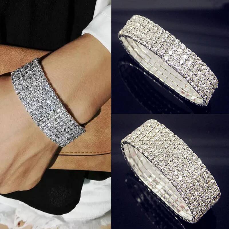 Full White AAA CZ Zircon Crystal Elastic Bling Iced Out Rhinestone Women's Bracelet for Women Wedding Jewelry