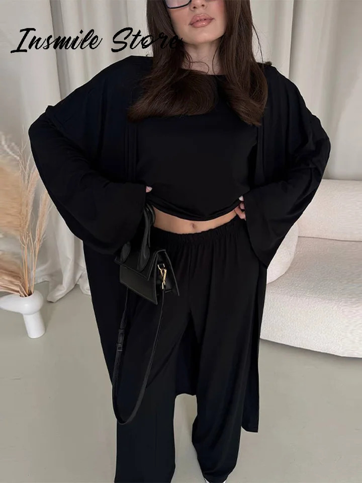 Casual Solid Women 3 Pieces Suits V-neck Long Coats O-neck Slim Top Wide Leg Trousers 2025 Spring Summer Fashion Female Sets 250811