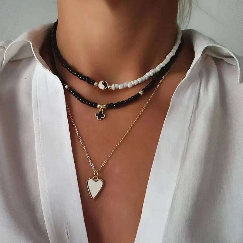 Bohemian Multilayer Handmade Beads Chain Fashion Necklaces Oil Heart Cross Pendant Jewelry For Women Accessories X0189 250805