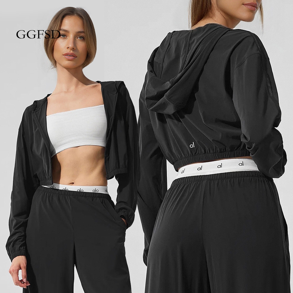 Summer Short Sunscreen Jacket Loose Fashion Lightweight Zipper Hooded Jacket Black Comfort Running Fiess Yoga Jacket Tops Aloness Women Clothes A1