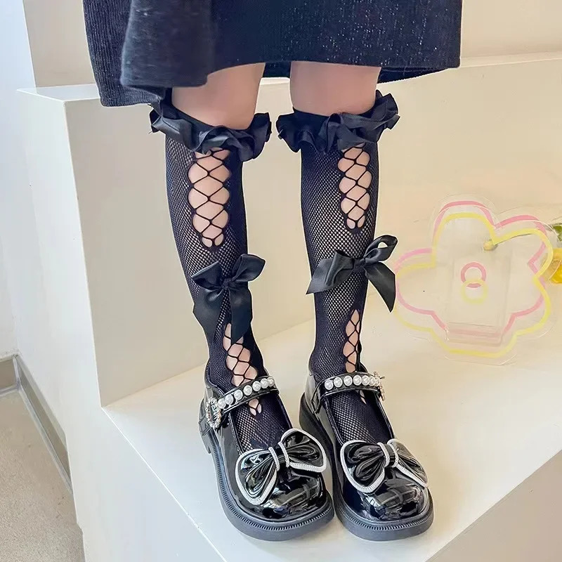 Childrens Road Lolita Calf Socks Girl Baby Cute Bow Fishing Net Hollowed Out Stockings Japanese JK Sweet Lace Ear Edge Hosiery 250812