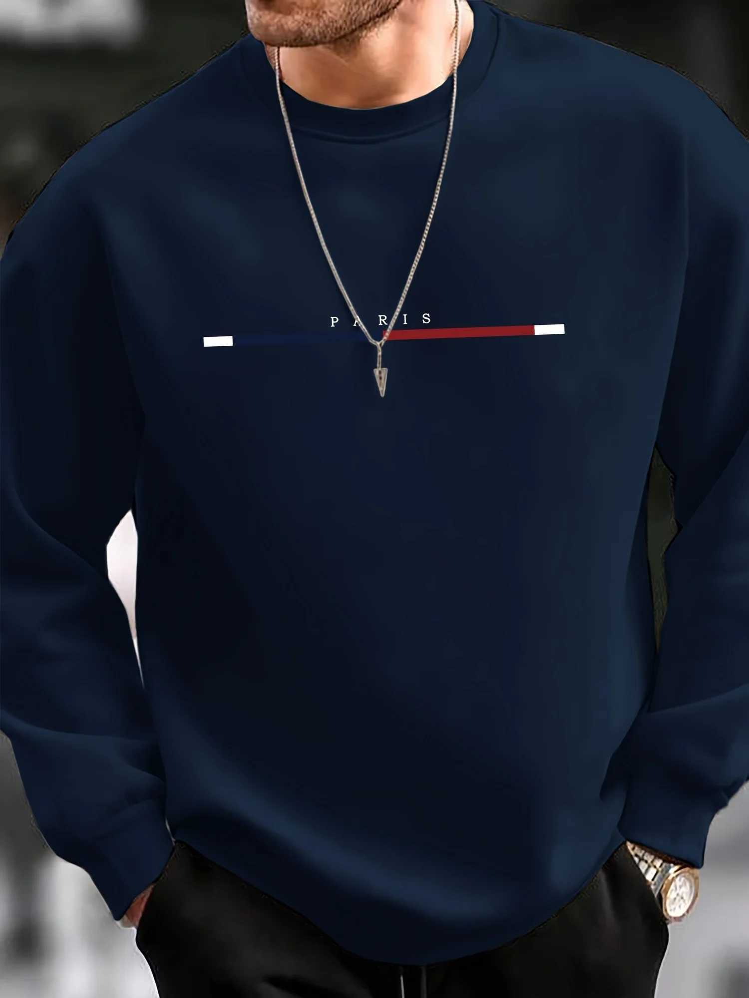 Mens autumn and winter casual sports loose oversized Paris print with fleece warm pullover round neck long sleeved sweatshirt Y250811