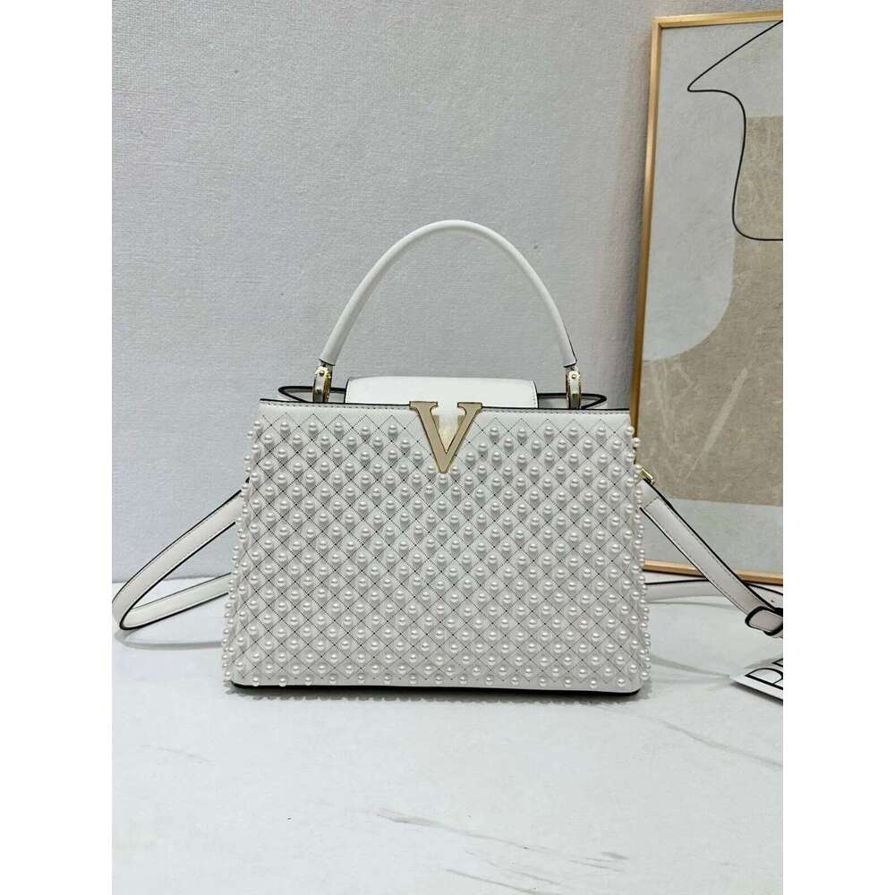 Designer Full Pearl Inlay PU Leather Handbag Women S Fashionable V Letter Single Shoulder Portable Messenger Bag