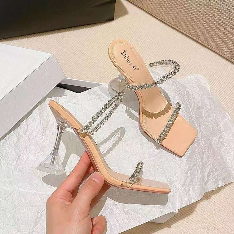 Summer 2025 New Style Rhinestone One-Strap Designer shoe Sandals Women, Thin Transparent Stunning Silver High Heel Slippers Designer for Women ,
