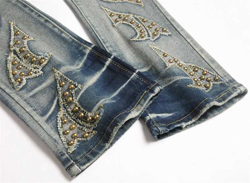 Mens Fashion High Street Hip Hop Jeans Pants With Rivet Streetwear Washed Vintage Denim Trousers Slim Fit Stretchy Retro Jeans X250812