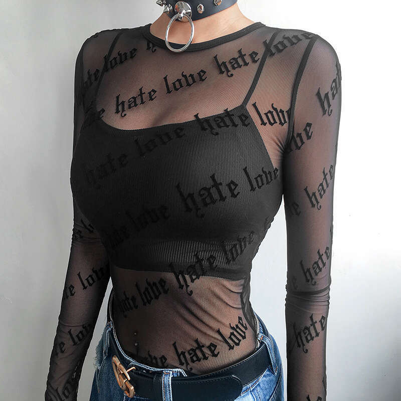 2025 Letter Personality Print Sheer Sexy Mesh Long Sleeve T-Shirt Top for Women