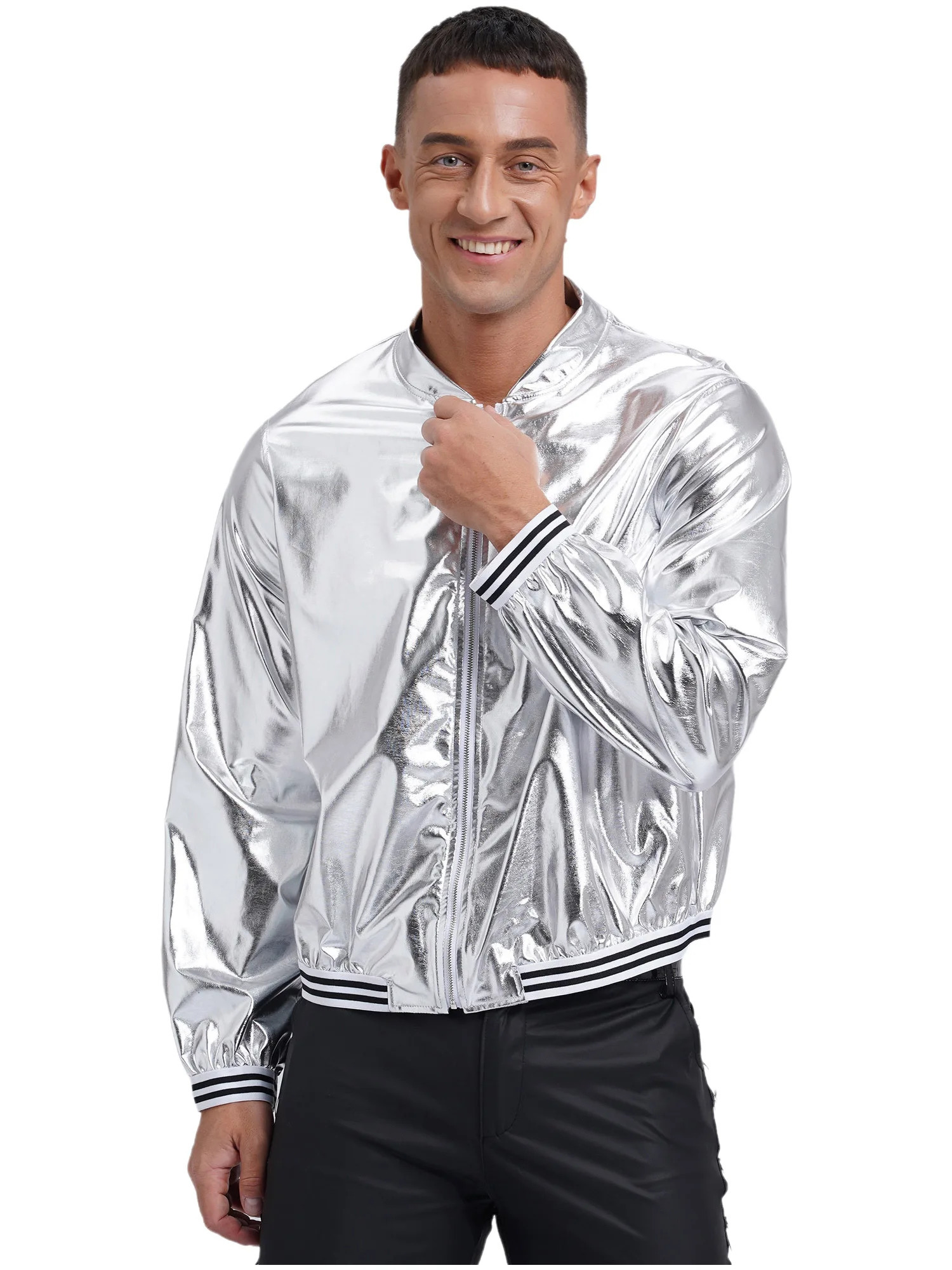 Mens Metallic Shiny Bomber Jacket Long Sleeve Zip Up Baseball Jackets Coat Rave Dance Party Festival Varsity Outerwear Clubwear 250811