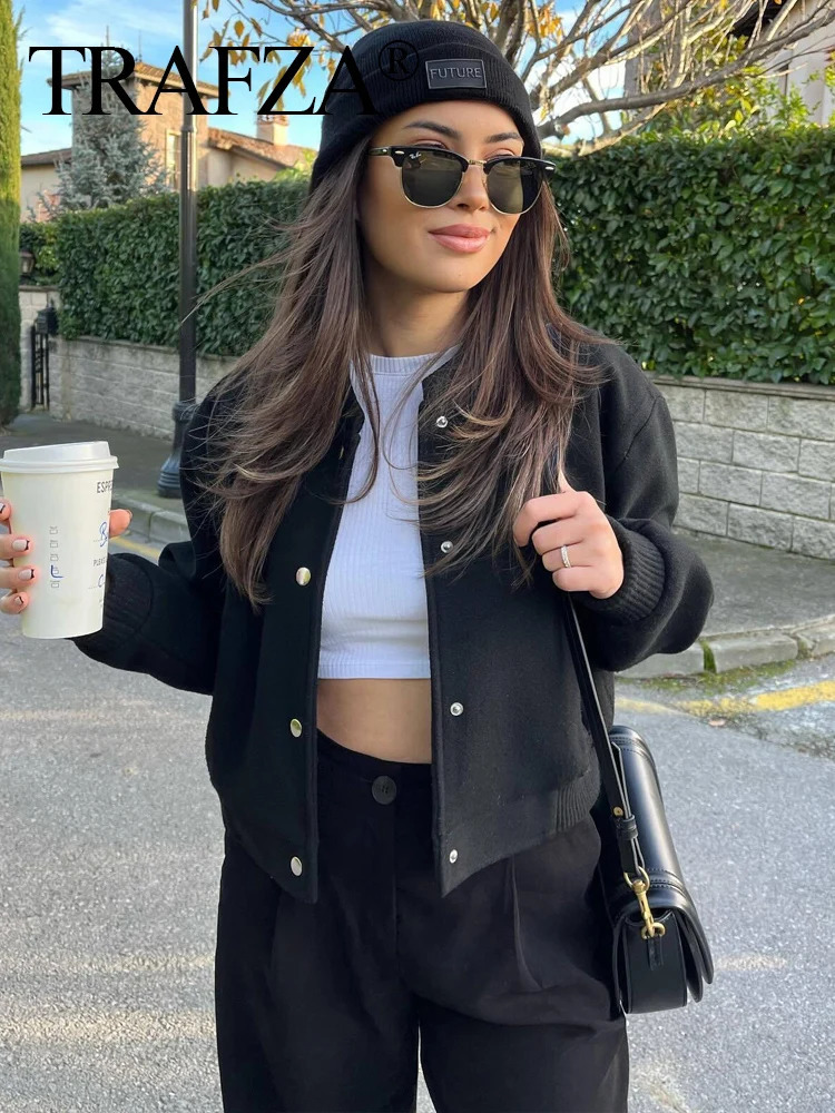 TRAFZA Fashion Women Soft Texture Cropped Bomber Jacket Autumn Long Sleeve O-Neck Tweed With Pockets Single Breasted Coats 250804