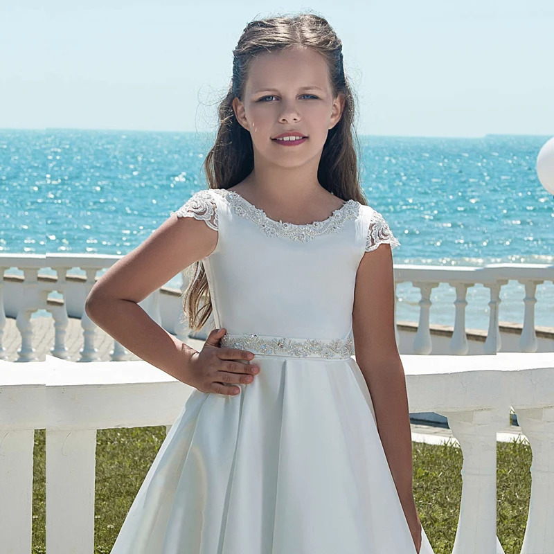 White Satin A-Line Floor-Length Short Sleeve Girls Pageant Dresses First Communion Dresses For Girls Flower Girl Dresses 250811