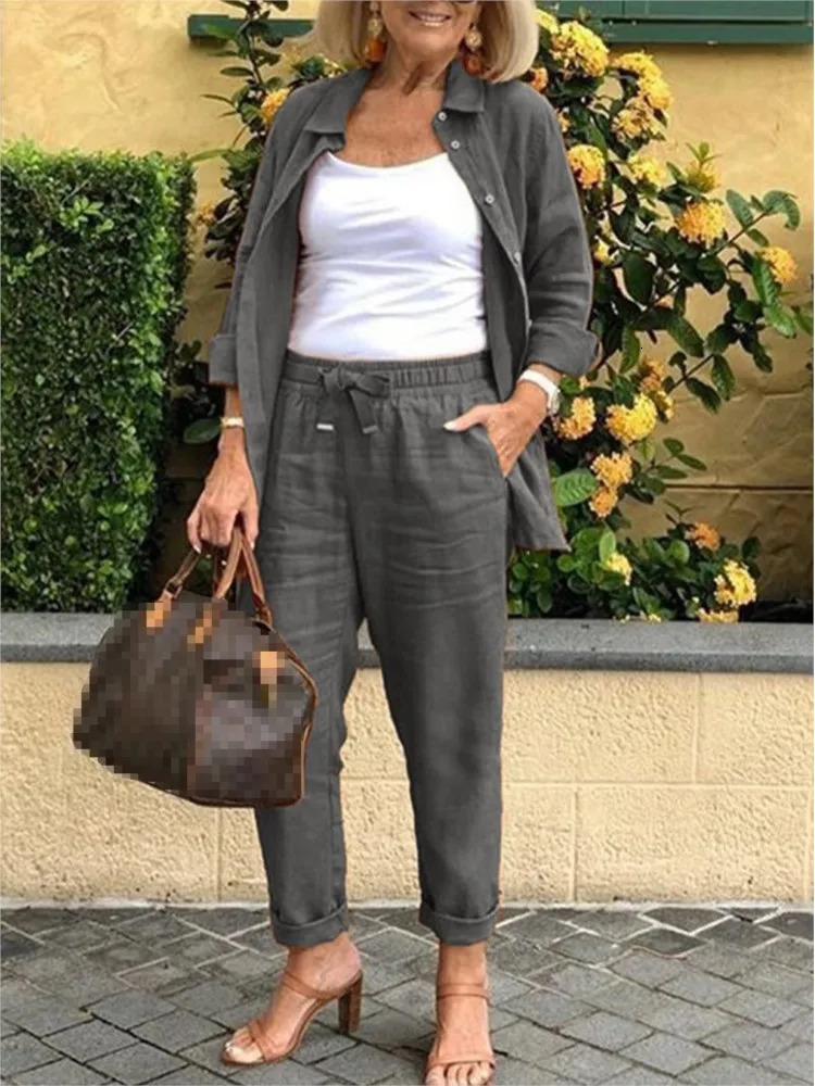 2025 Autumn Spring Casual Suit Women Cotton Linen 2 Piece Set Solid Color Loose Button Shirt Pants Sets Daily Womens Clothing 250811