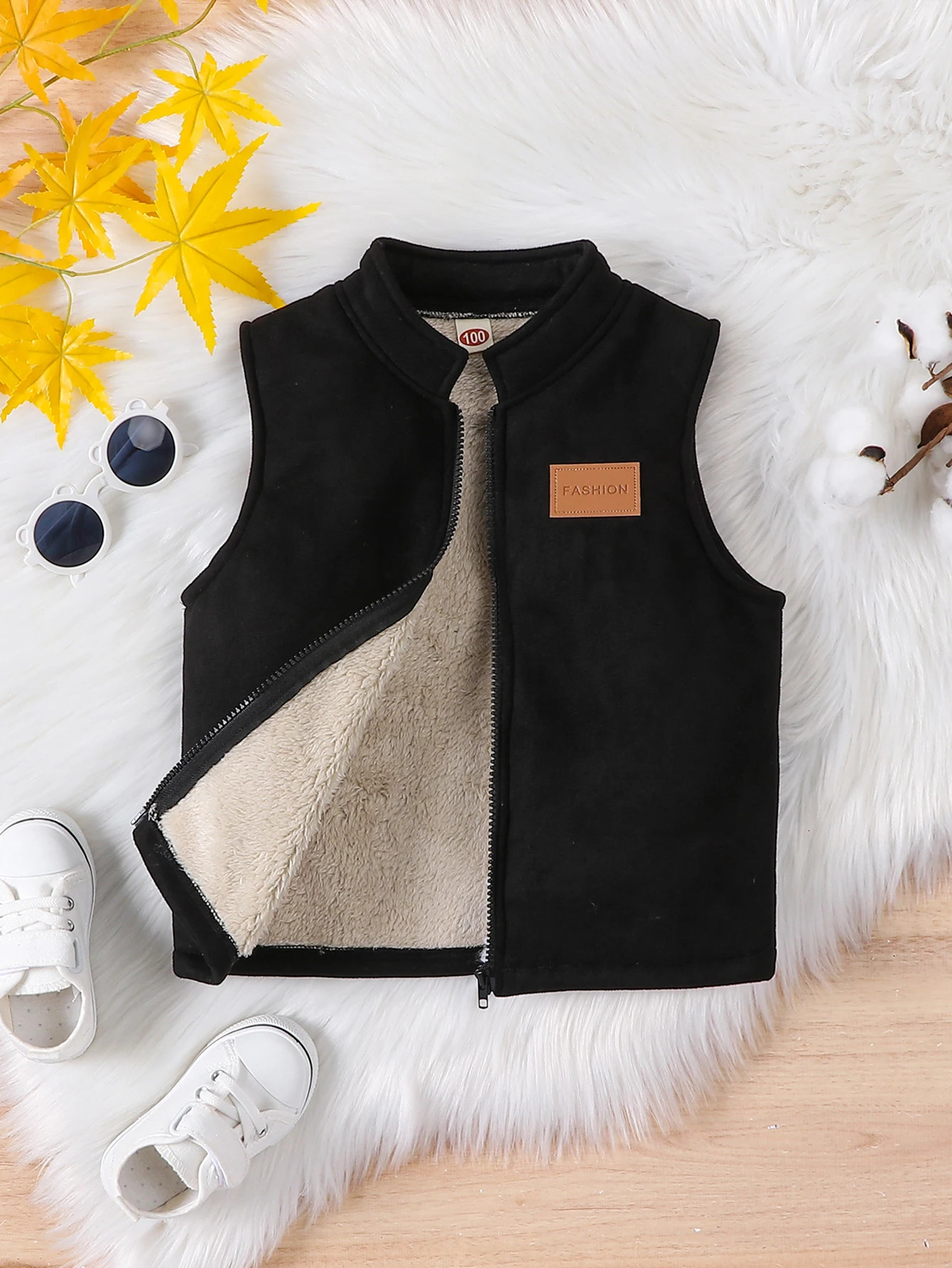 Boys fashionable casual with thick leather fleece stand up collar zipper vest winter 250811
