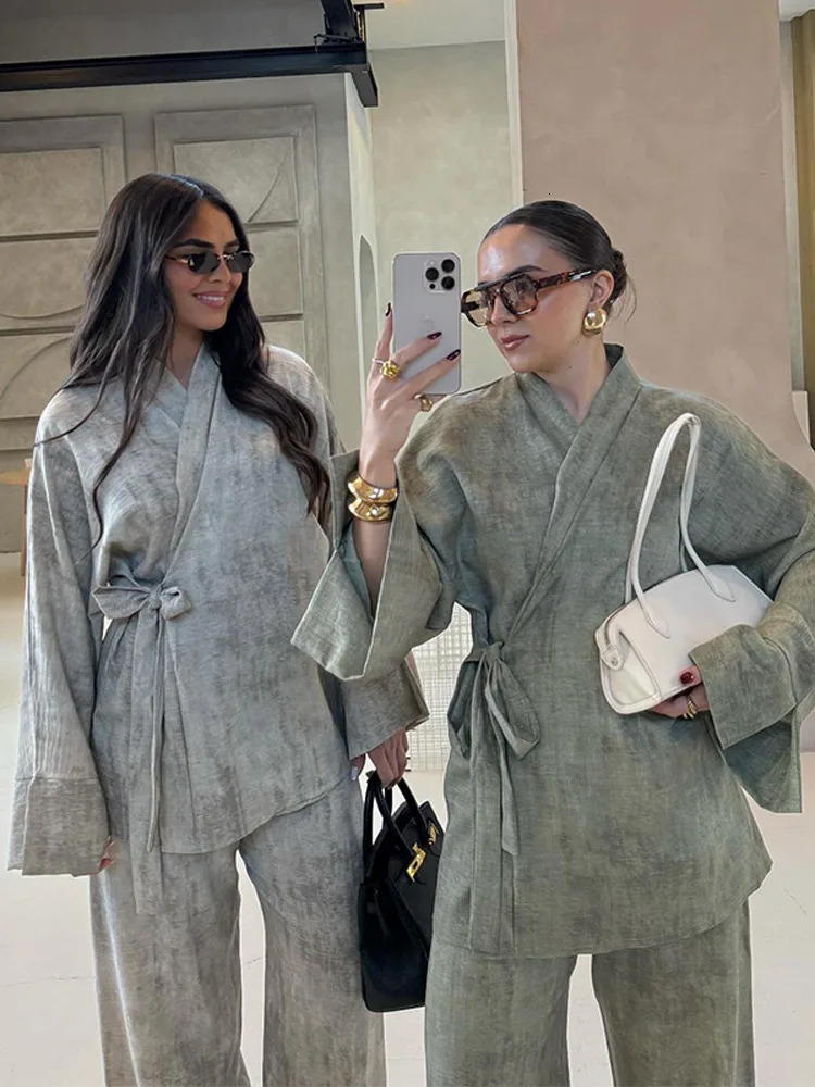 Womens Summer Fashion Linen Solid Shirt Set Belted Cardigan Kimono Top High Waist Womens Wide Leg Pants 2-piece 2025 250811