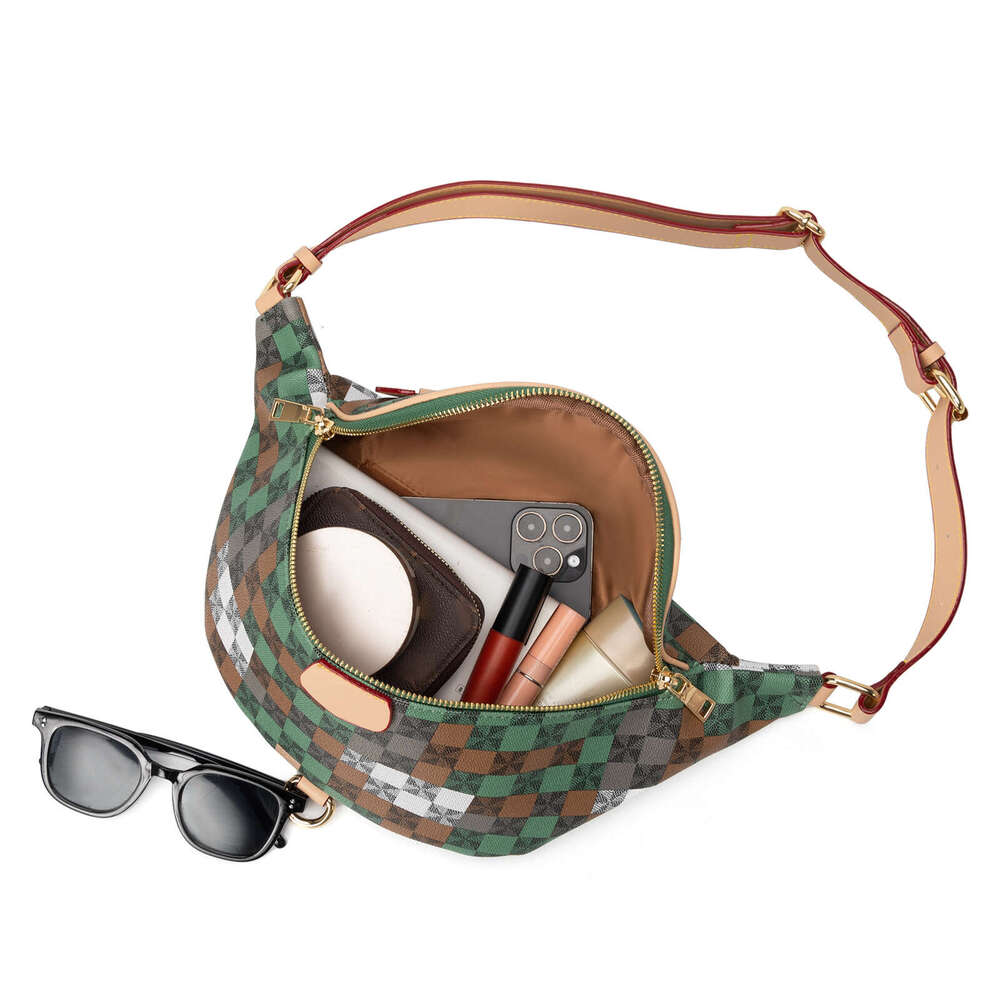Lacel Urwebin Vintage Checkered Plaid Fanny Pack for Women, Green Brown PU Leather Waist Bag with Adjustable Strap, Fashion Crossbody