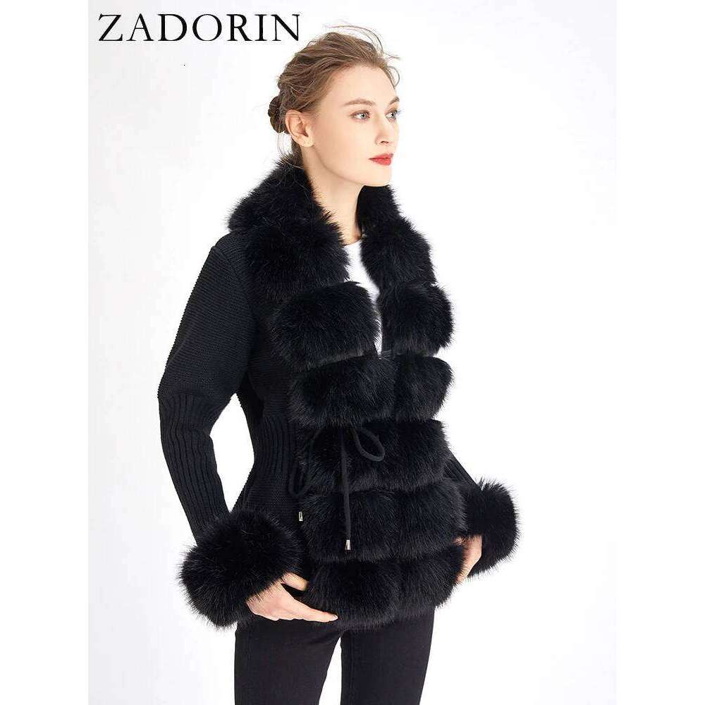 ZADORIN Fall Winter Women Coat Knitted Sweater Cardigan Detachable Collar White Pink Jacket Faux Fur Coats MDNG 20250811