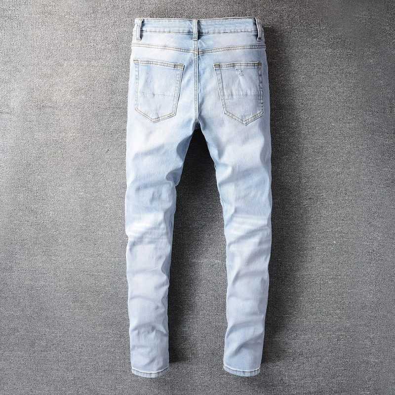 Mens Light Blue Pleated Patchwork Stretch Denim Jeans Streetwear Holes Ripped Pencil Pants Trendy Slim Skinny Trousers X250812