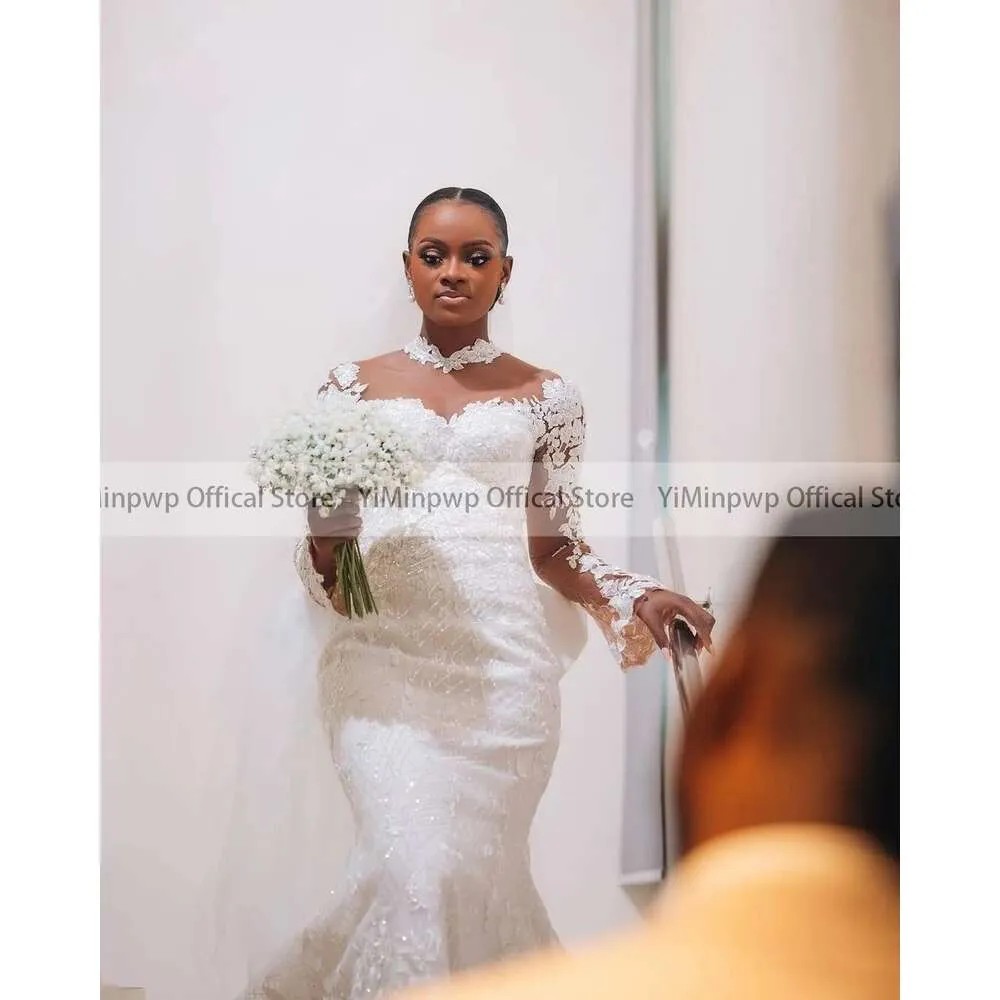Shinny Mermaid Wedding Dresses for Bride African Bridal Gowns O Neck Long Sleeve Sweep Train Lace Appliques Sequined Beads Vestidos De Novia