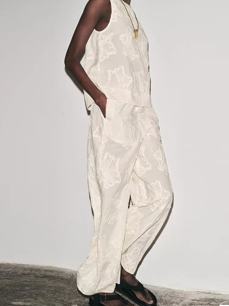 Chic Brown Floral Embroidery Pant Suit Women Casual O Neck Sleeveless Tops 2 Piece Sets 2025 Summer Daily Commute Street Outfit 250811