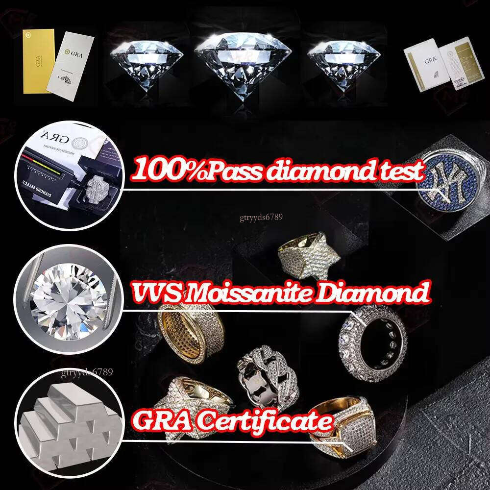 Iced Out Sier Bling Dia Mens Real Moissanite Hip Hop Ring