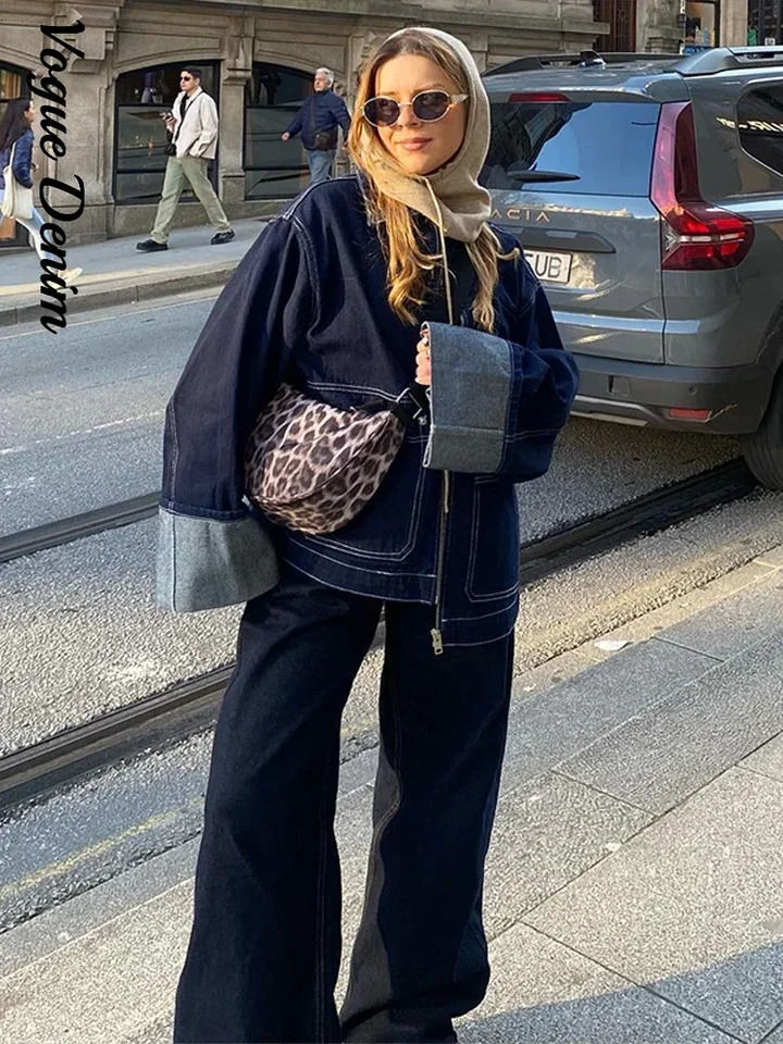 Denim Woman Trousers Two-piece Set Zipper Pockets Revers Sleeve Coats Basic Straight crimping Hem Jeans Casual Lady Outfits 250811