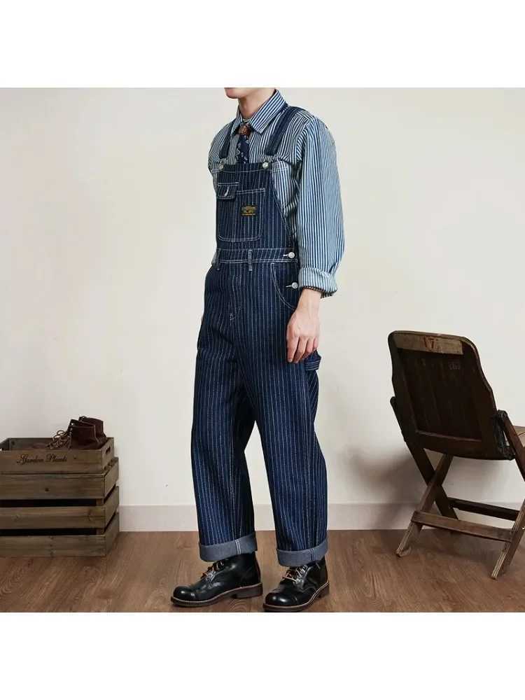 American Vintage Raw Blue Denim Jumpsuits for Men Vertical Striped Wide Leg Loose Straight Overalls Pants Jeans American Style Workwear X250812