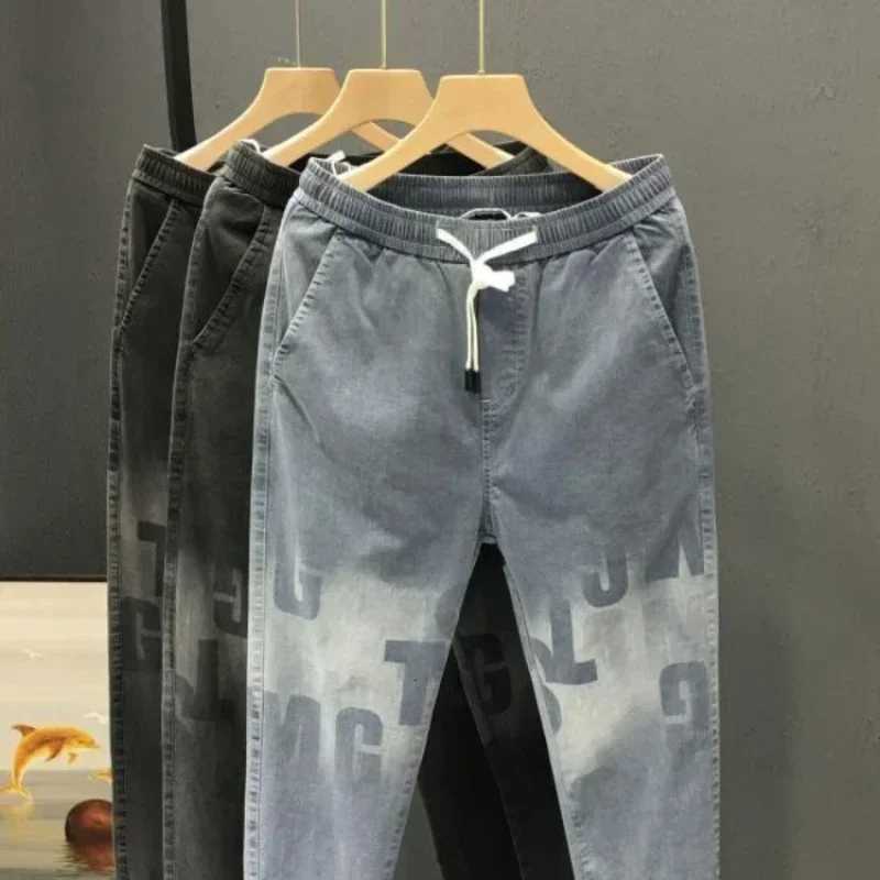 70s Plus Size with Print Male Cowboy Pants Cropped Jeans for Men Light Blue Summer Korean Fashion Kpop Denim Cotton Washed X250812
