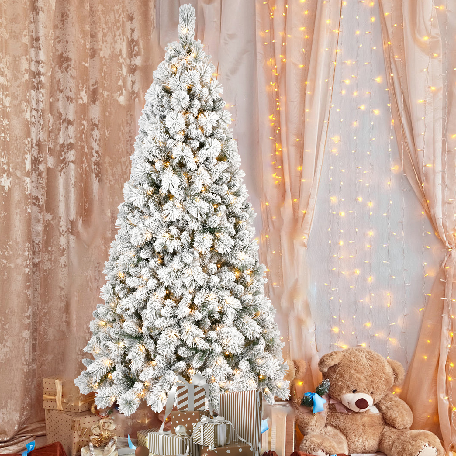 PVC/Hard Needle Mixed Flocked Christmas Tree 4 feet -9 feet available, pre-installed with warm white led lights, Christmas decorations for family shop