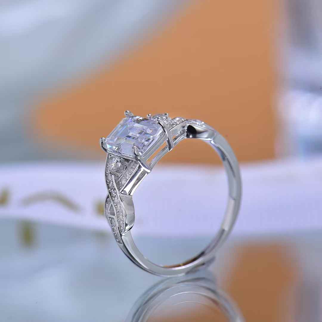 Moissanite Emerald Cut Ring Sparkly Square Gem with Twisted Band Diamond Look Silver Ring for Women