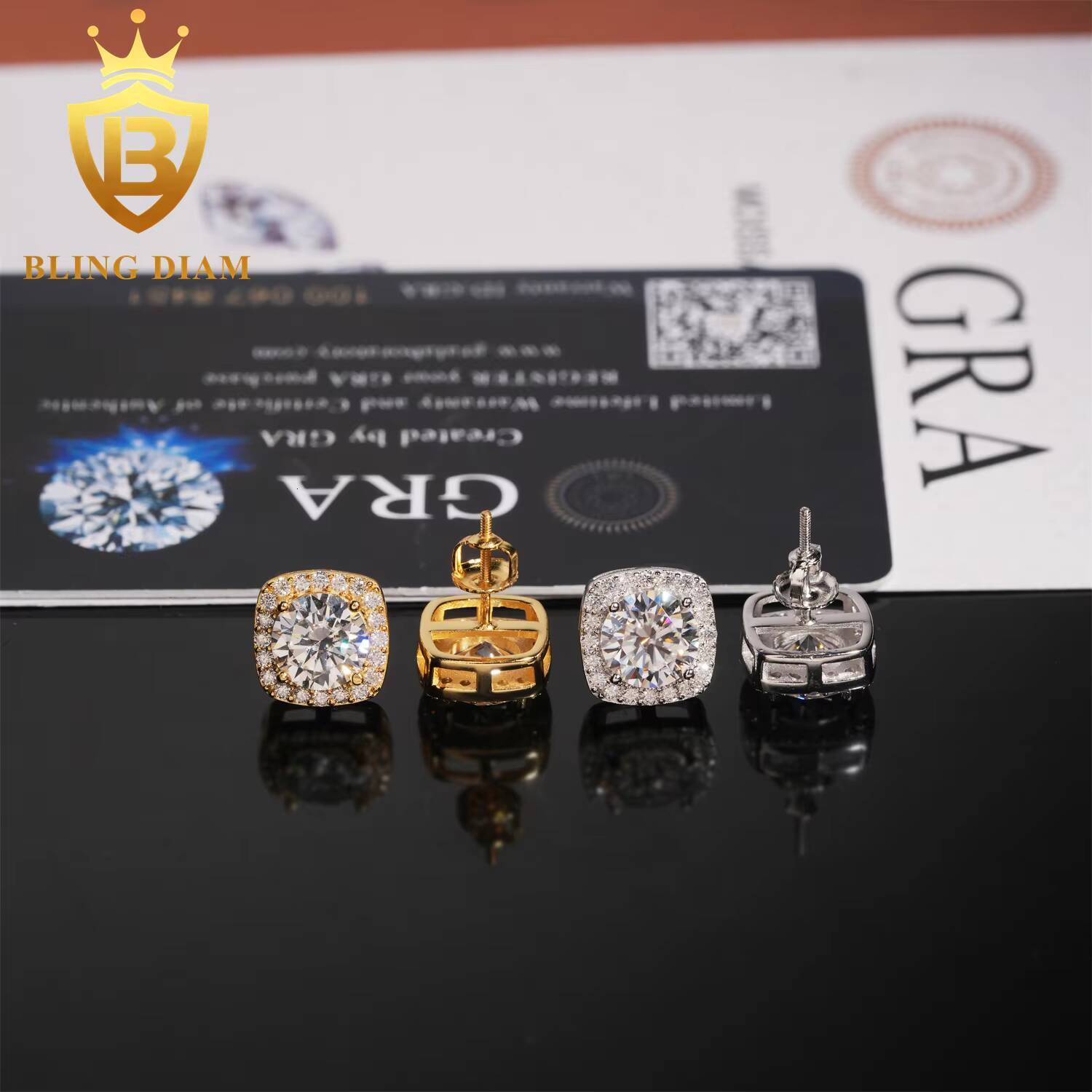 Halo Moissanite Hip Hop Earring 8.0mm 2CT Round Cut Moissanite Diamond Earrings 925 Sterling Silver Stud Earrings