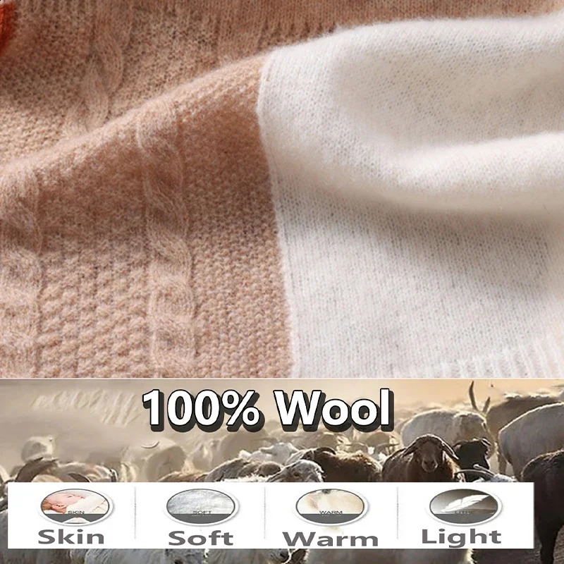 100% Merino Wool Cross Scarf Thickened Patchwork Warm Soft Windproof Korean Fashion Neckerchief Warm Wraps for All Seasons 250812